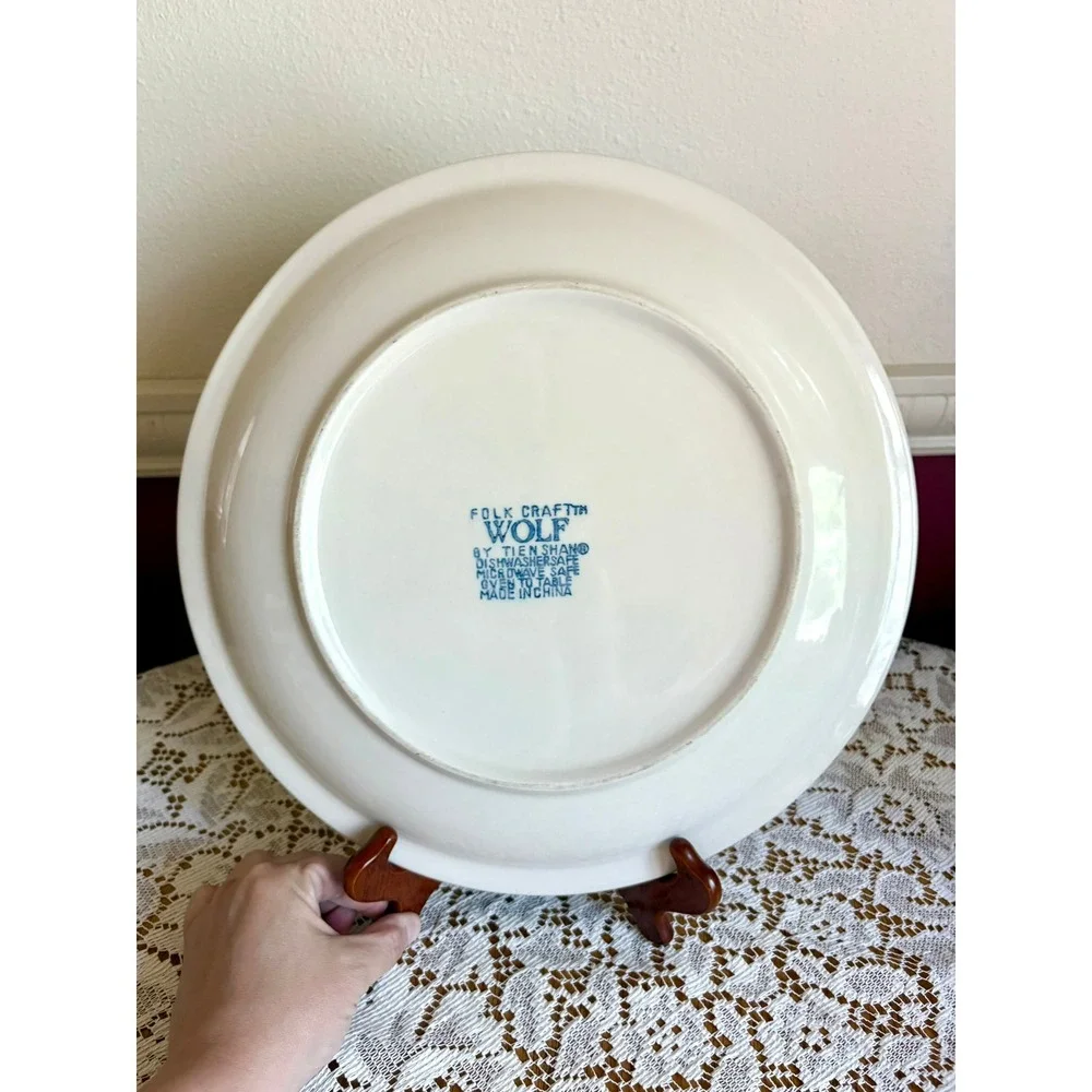 Tienshan‎ Folk Craft Wolf Chop Plate Blue White Mountain Cabin Stoneware 12
